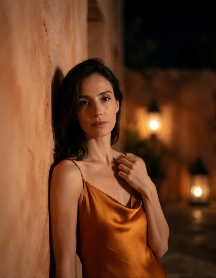 Woman in an amber satin slip dress leaning against a warm plaster courtyard wall at dusk