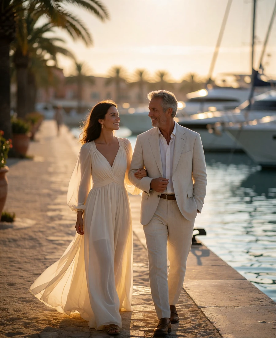Couple walking together along a marina promenade at sunset, mid-conversation and smiling