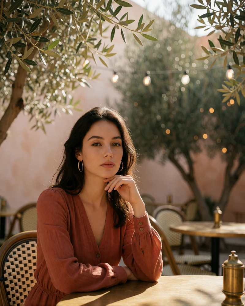 Woman in a terracotta blouse seated at an outdoor Laurel Canyon café table with string lights behind her