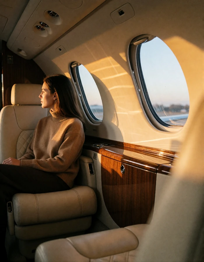 Cream leather private jet cabin at sunset with a woman seated beside an oval window