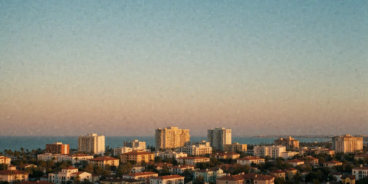 Wide American downtown skyline at golden hour seen across open water