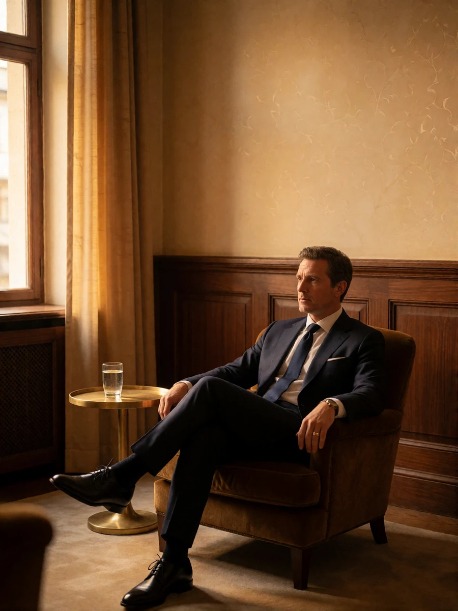 Well-dressed businessman seated in a quiet club lounge armchair, looking thoughtfully to the side