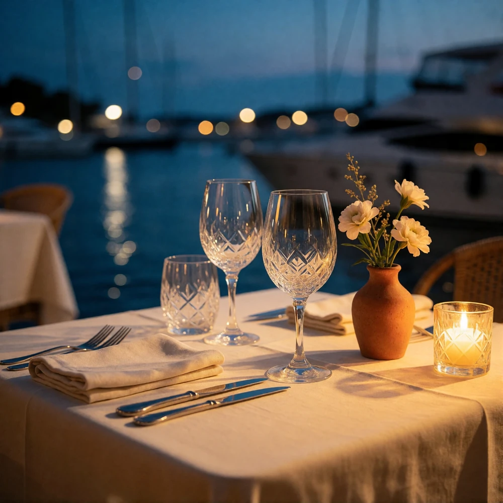Candlelit table for two on a San Diego waterfront restaurant terrace with harbour lights in the background