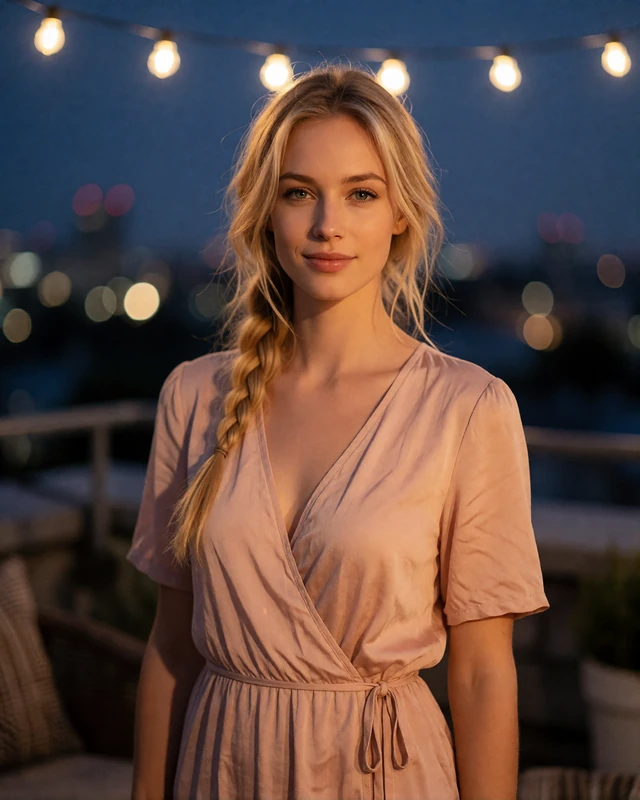 Blonde woman in a blush wrap dress on a San Antonio rooftop terrace at dusk