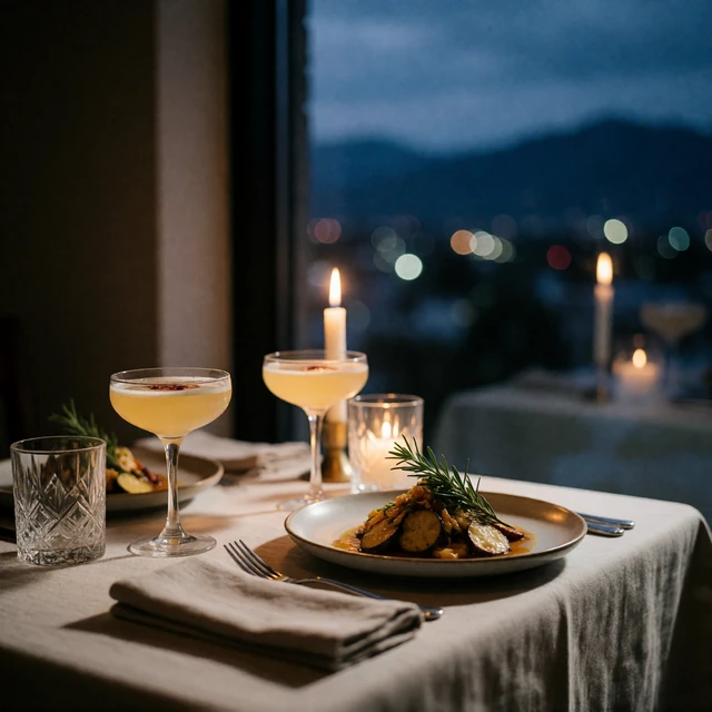 Restaurant table for two with cocktails and a plated dish beside a window overlooking downtown Denver and the mountains at dusk