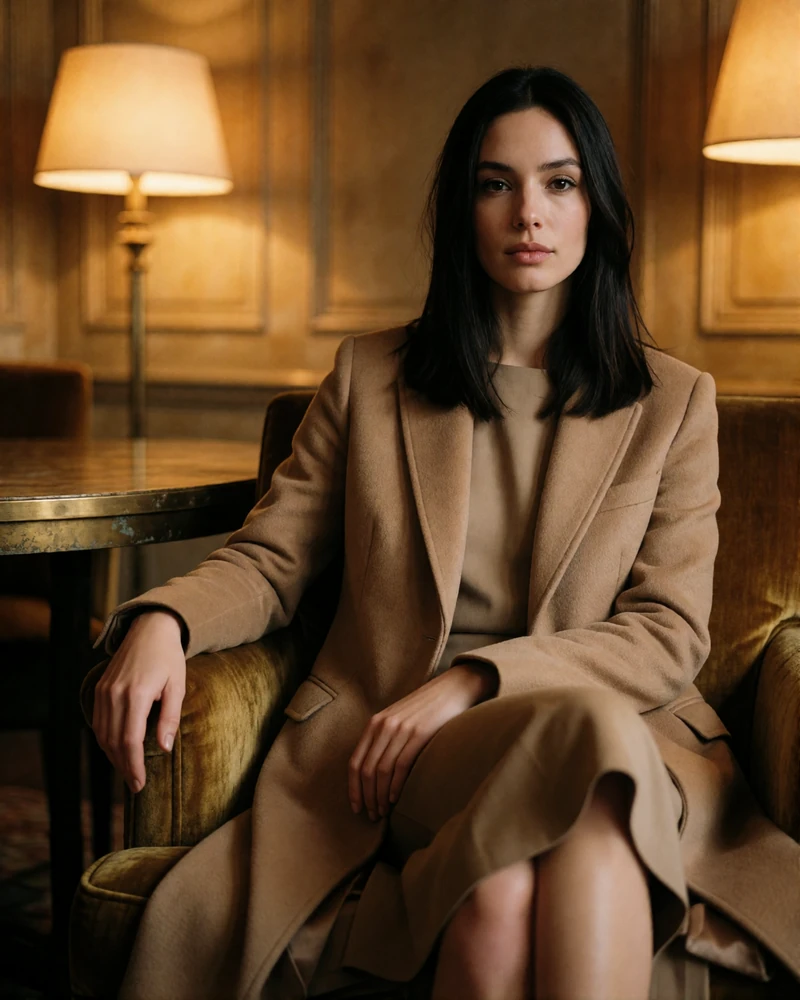 Woman in a tailored camel coat seated in a velvet armchair at a Nashville boutique hotel lounge