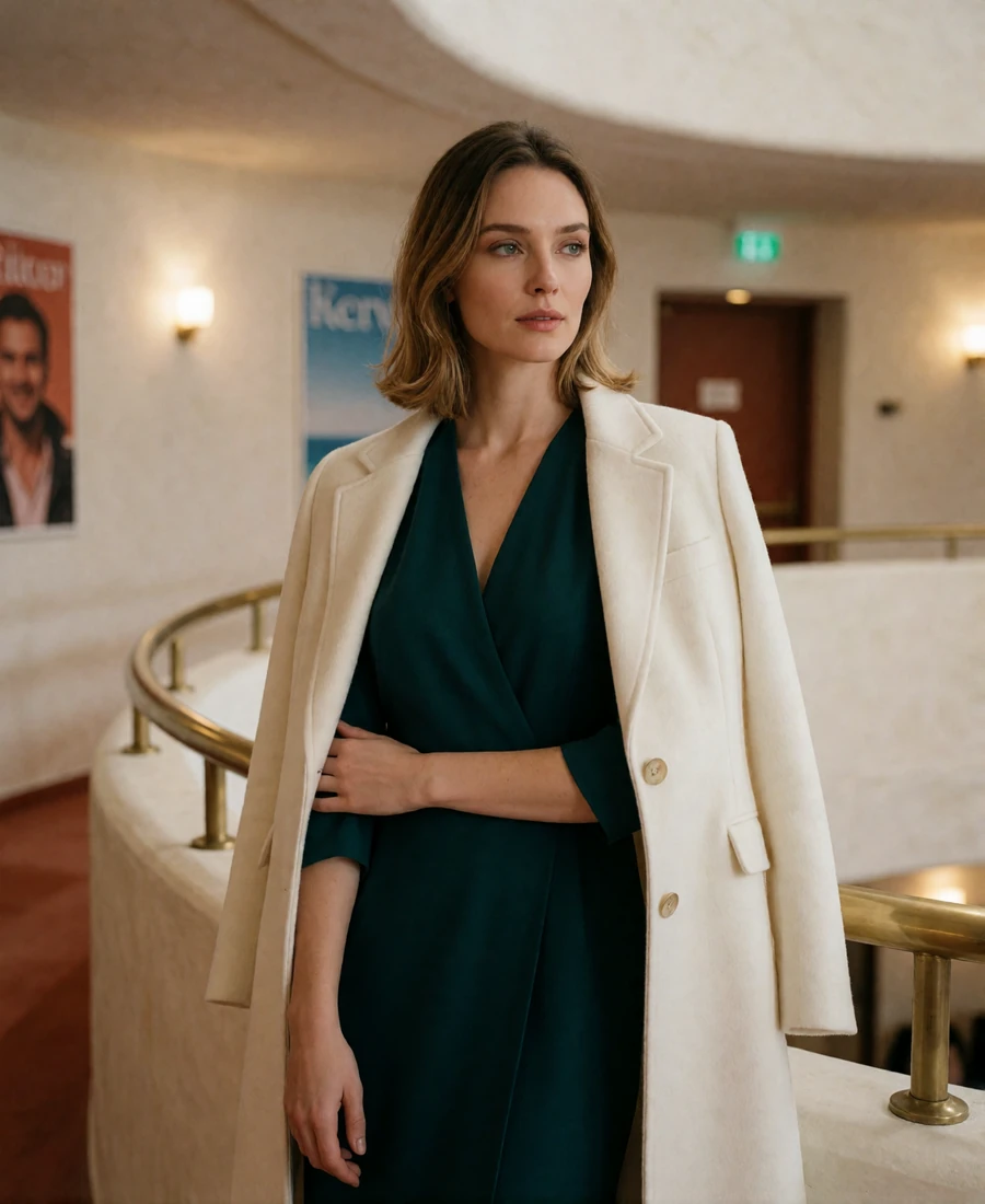 Woman in a deep-emerald dress standing in a contemporary performing-arts foyer