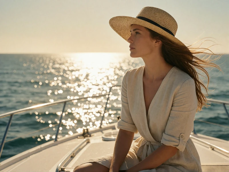 Woman in a straw hat seated at the bow of a moving motor yacht with sunlit open sea beside her