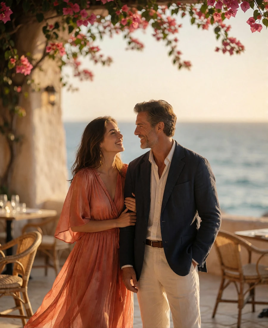 Couple laughing together on a coastal restaurant terrace at golden hour above the sea