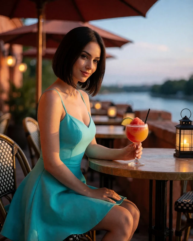 Woman in a turquoise dress at a San Antonio terrace café with a colorful cocktail