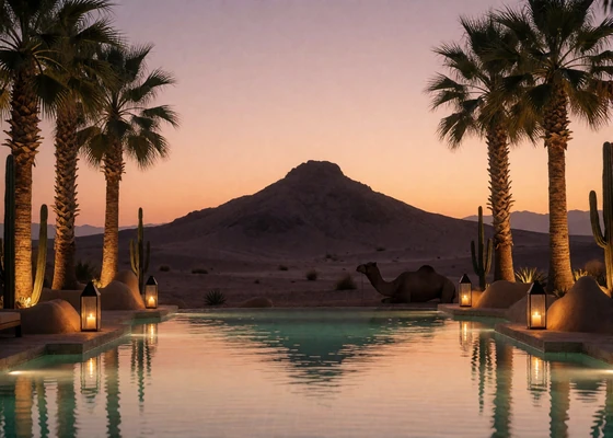 Desert resort pool framed by palm trees with a mountain silhouette at dusk in Phoenix