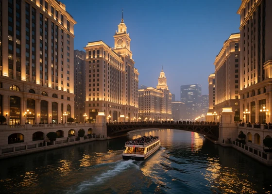 Chicago river skyline at dusk with illuminated towers and bridges