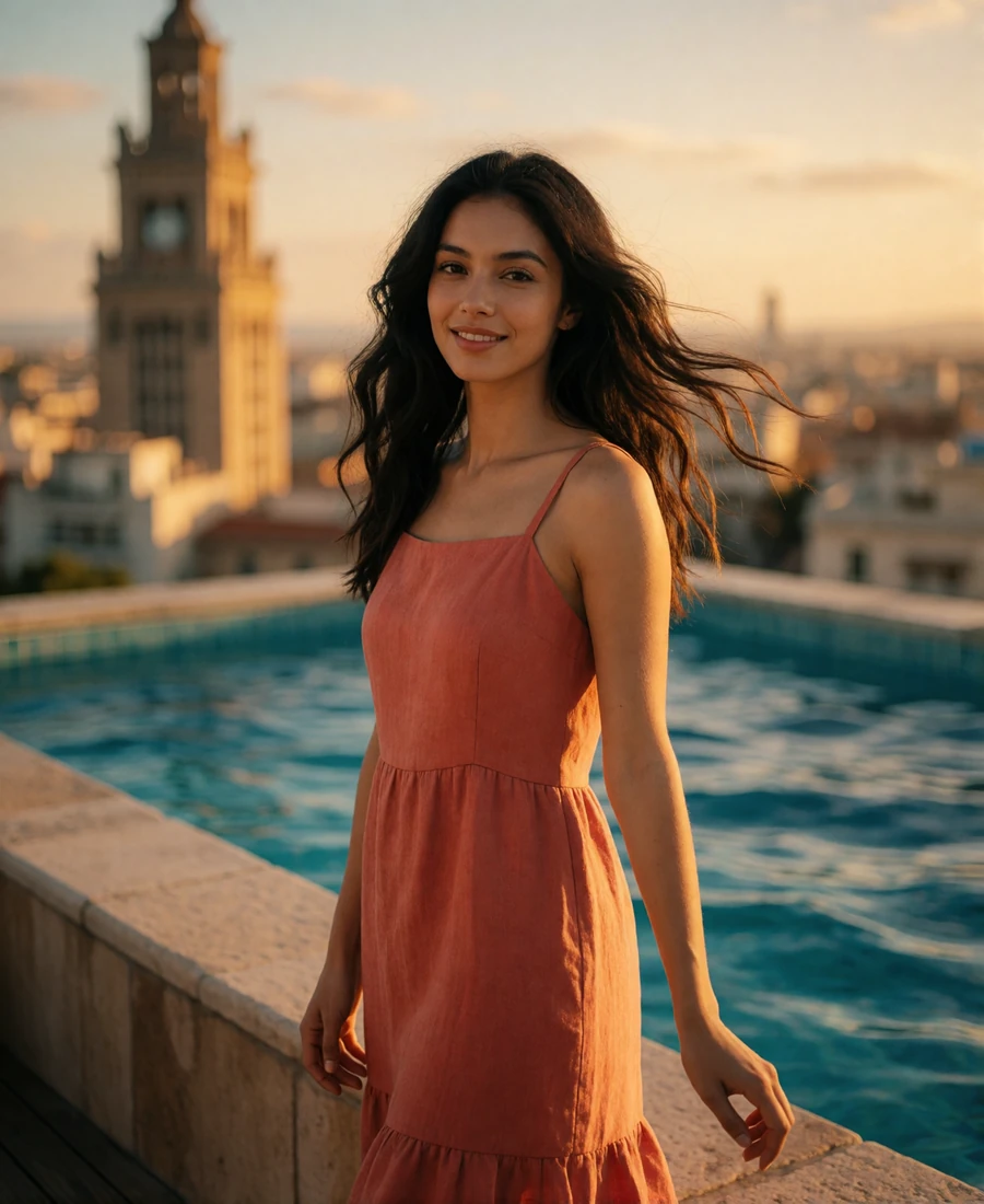 Woman in a coral linen sundress on a rooftop pool deck with the Houston skyline behind her