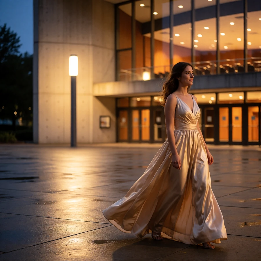Woman in a champagne gown walking across a plaza outside a Dallas Arts District venue at dusk