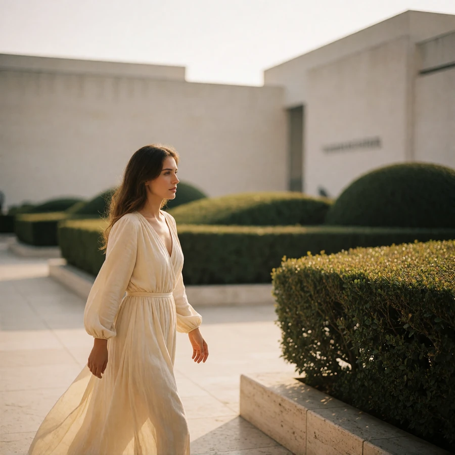 Woman in a flowing cream dress walking along a museum plaza in soft afternoon light