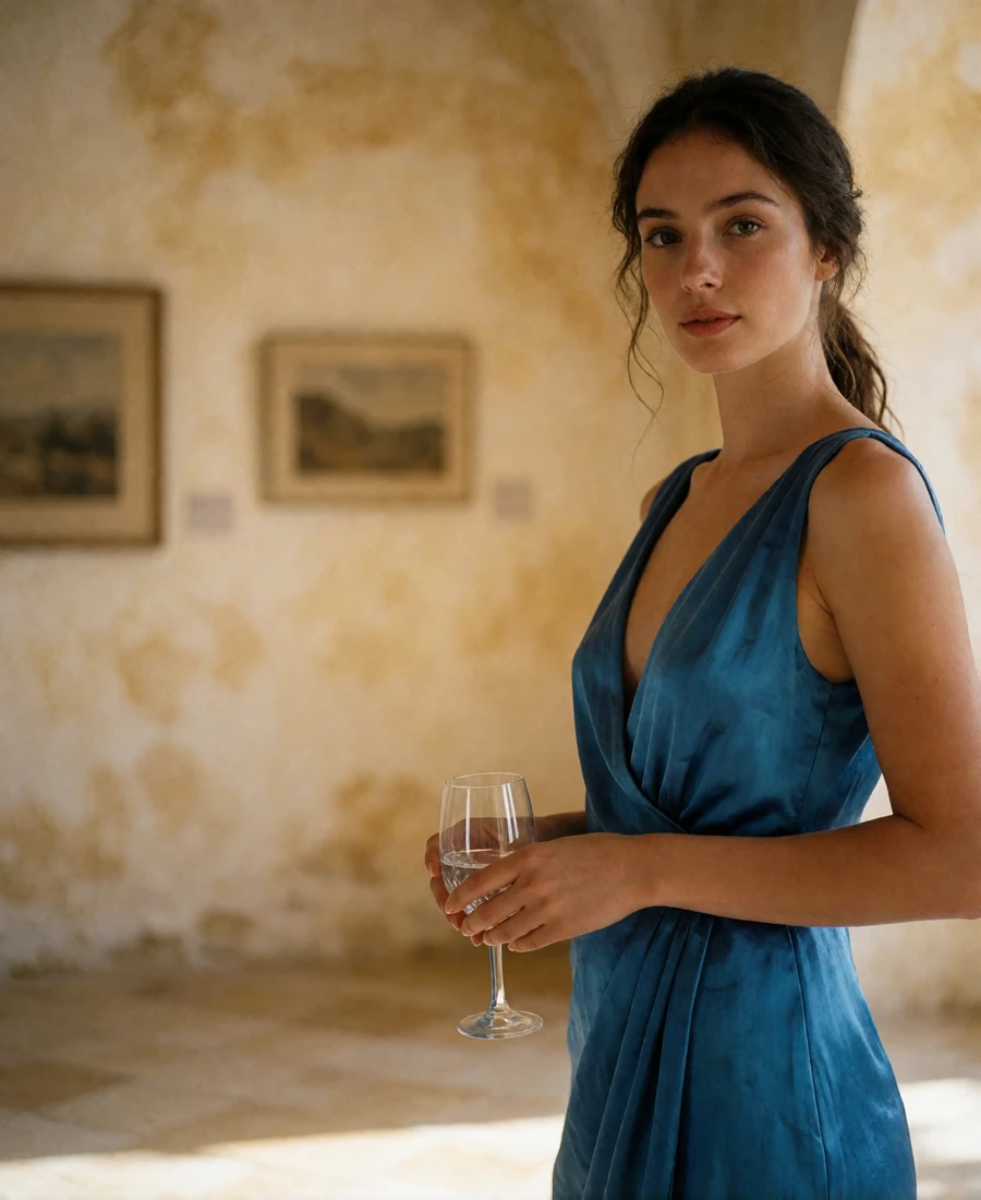Woman in a deep azure silk gown standing in a softly lit museum hall in Boston