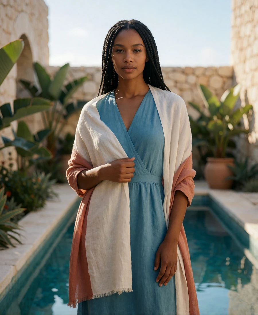 Woman in an ocean-azure linen dress in a sunlit San Diego spa courtyard