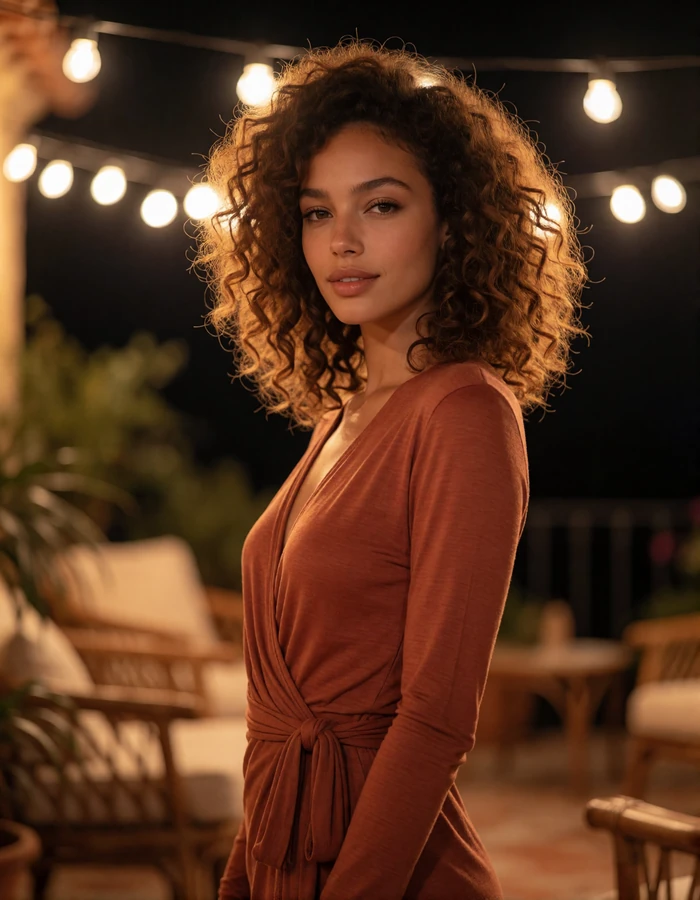 Woman in a terracotta wrap dress on an evening terrace with warm string lights