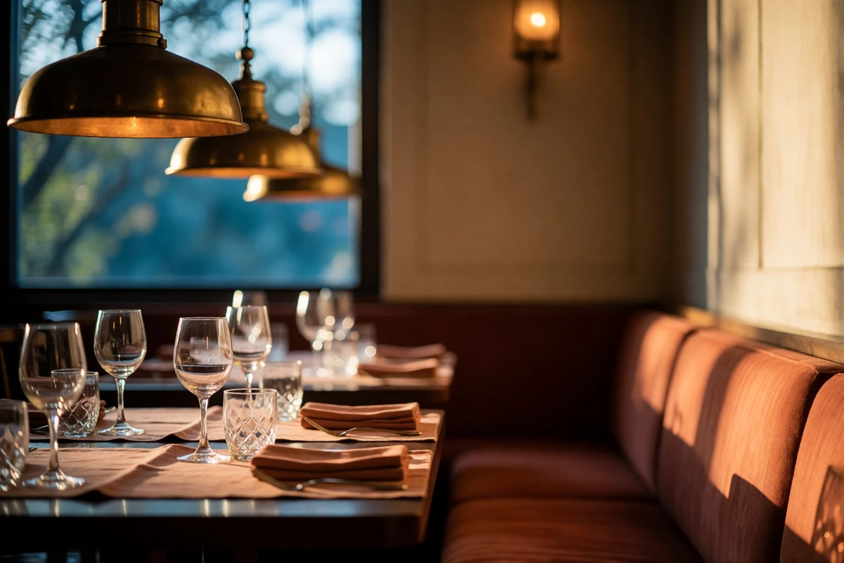 Upscale restaurant dining room in Columbus set for evening service with crystal glassware and brass lighting