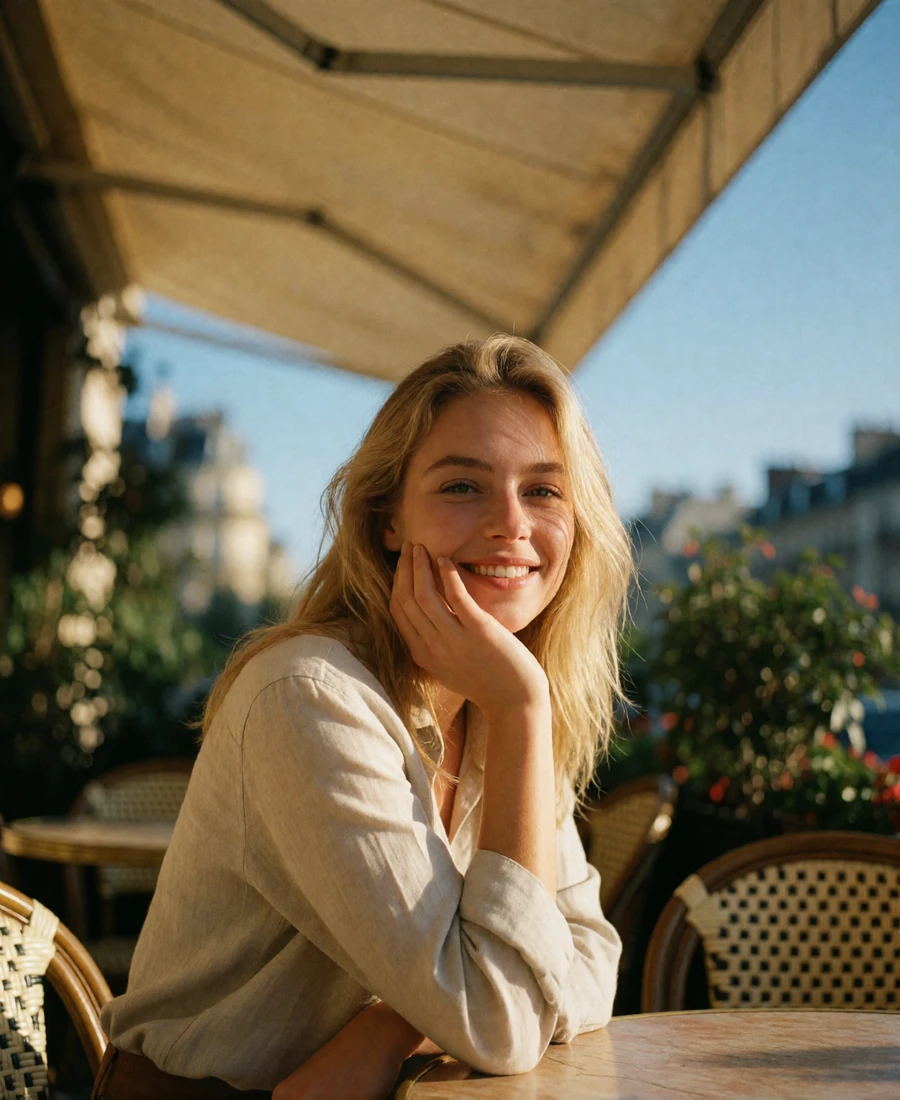 Blonde woman in a linen shirt seated at an outdoor café table in Columbus, smiling toward the camera