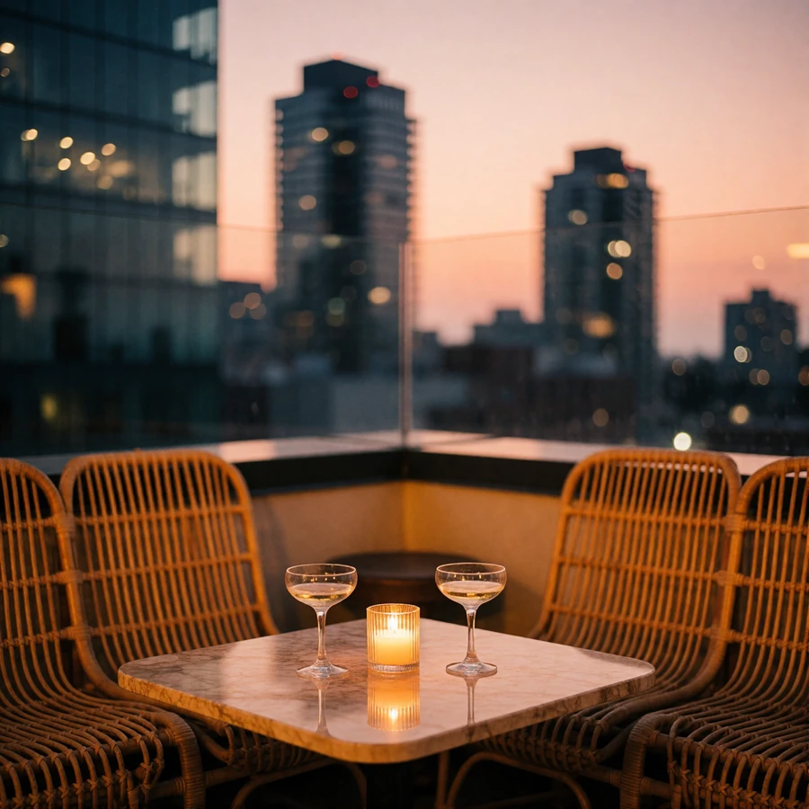Rooftop lounge corner at dusk with rattan seating, a marble table and two coupe glasses above the Houston skyline