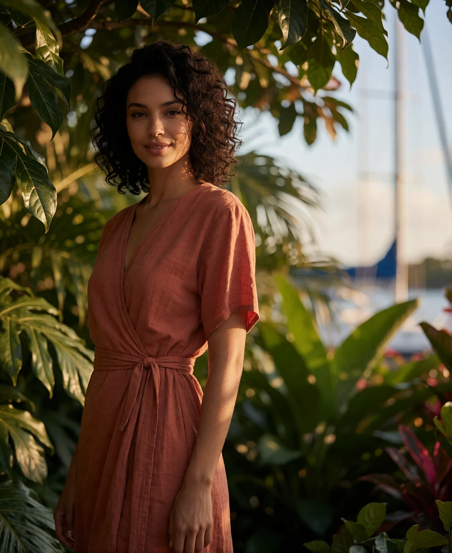Woman in a terracotta wrap dress under tropical foliage at a Coconut Grove marina garden in the late afternoon