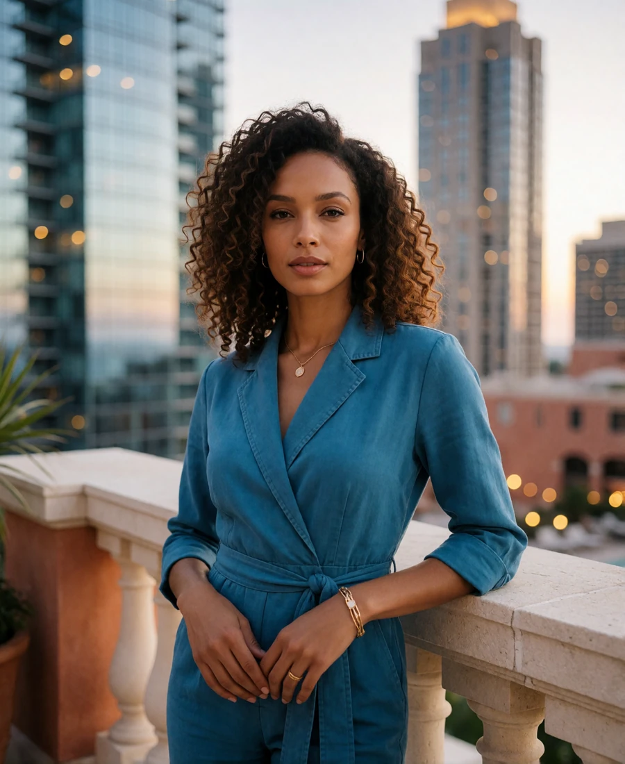 Woman in an ocean-azure jumpsuit at a rooftop lounge overlooking the Atlanta skyline at dusk