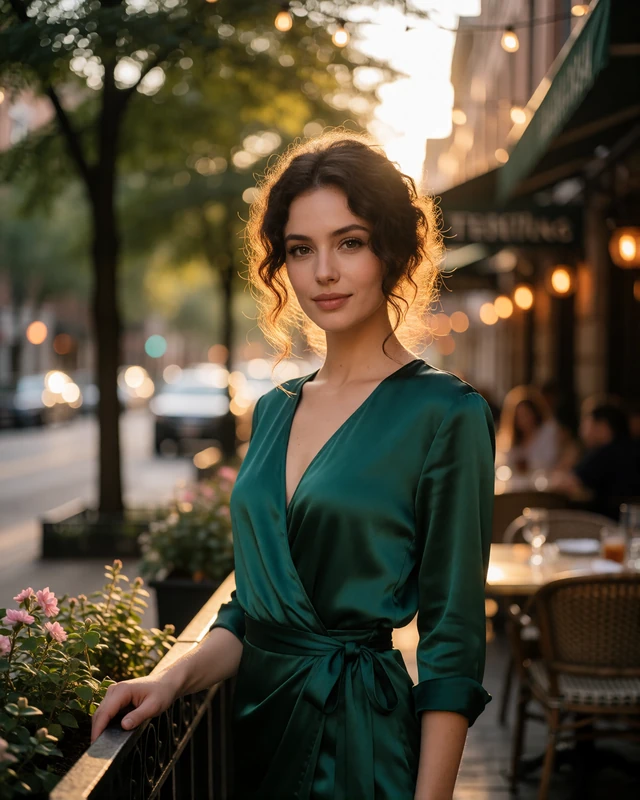 Brunette woman in an emerald satin wrap dress on a restaurant terrace railing in Atlanta at golden hour