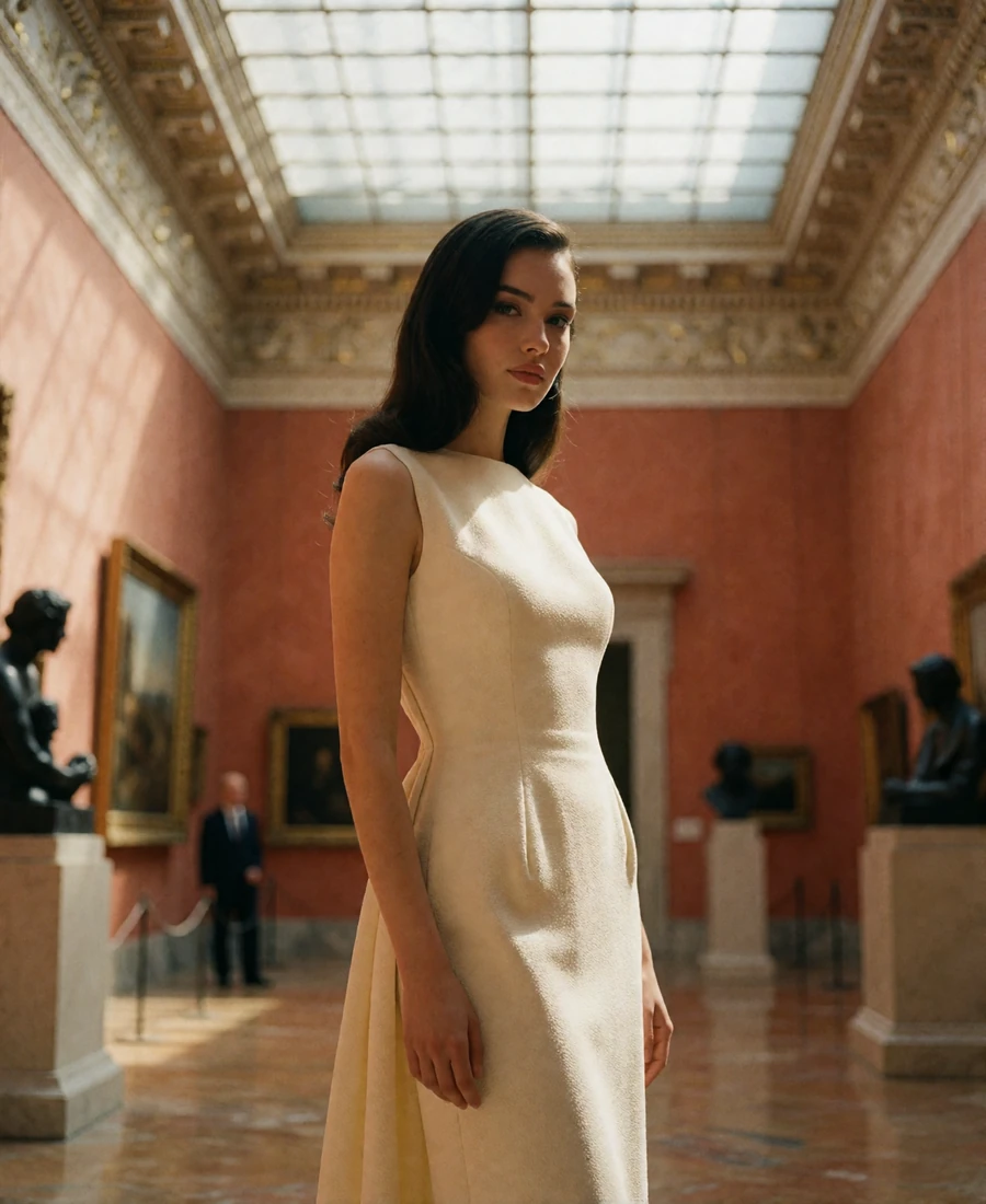 Poised woman in an ivory dress standing in a sunlit museum atrium in Houston