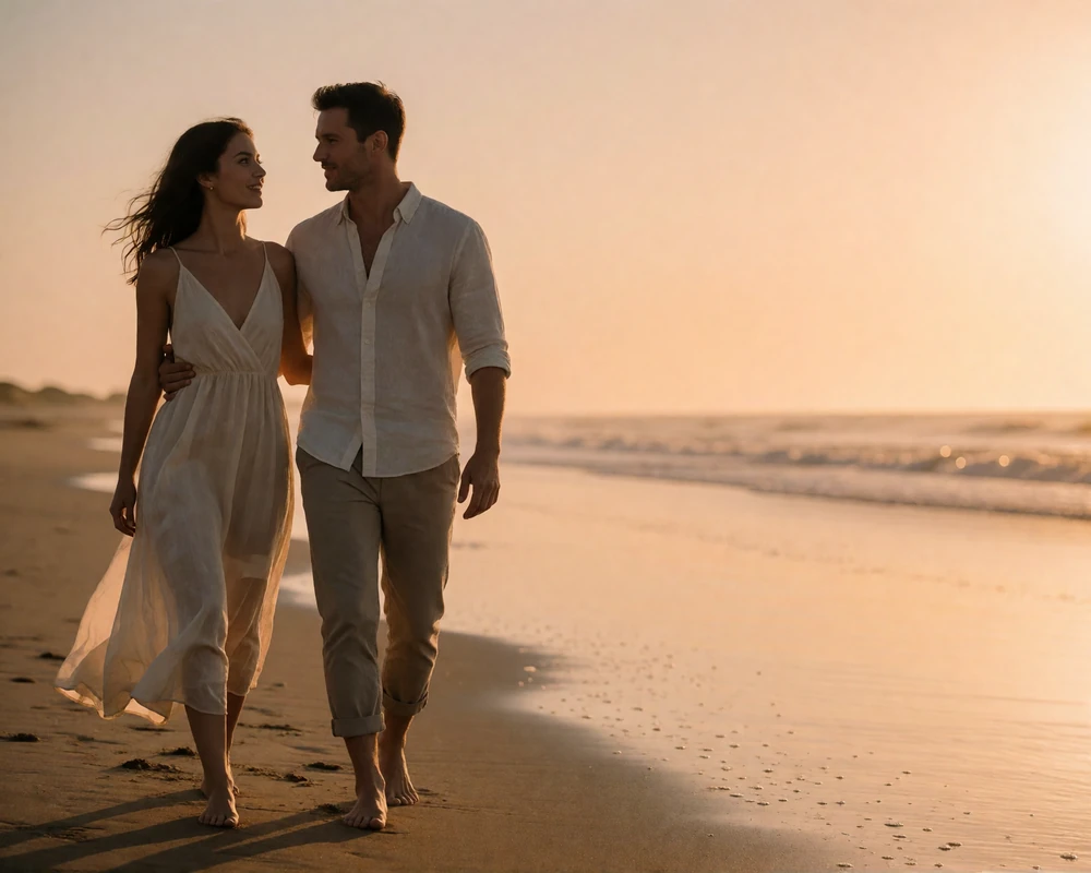 Couple walking together along a quiet Miami shoreline at sunset in relaxed conversation
