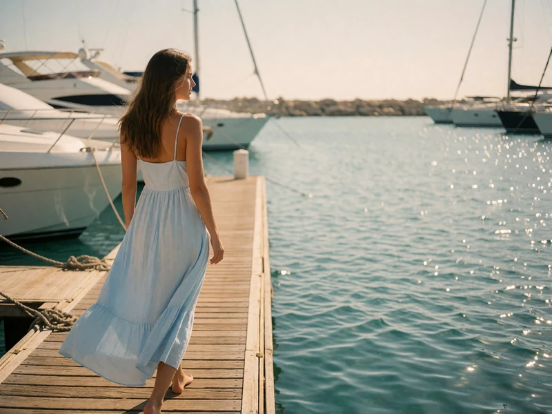 Woman in a pale blue sundress walking along a marina pontoon past moored white yachts