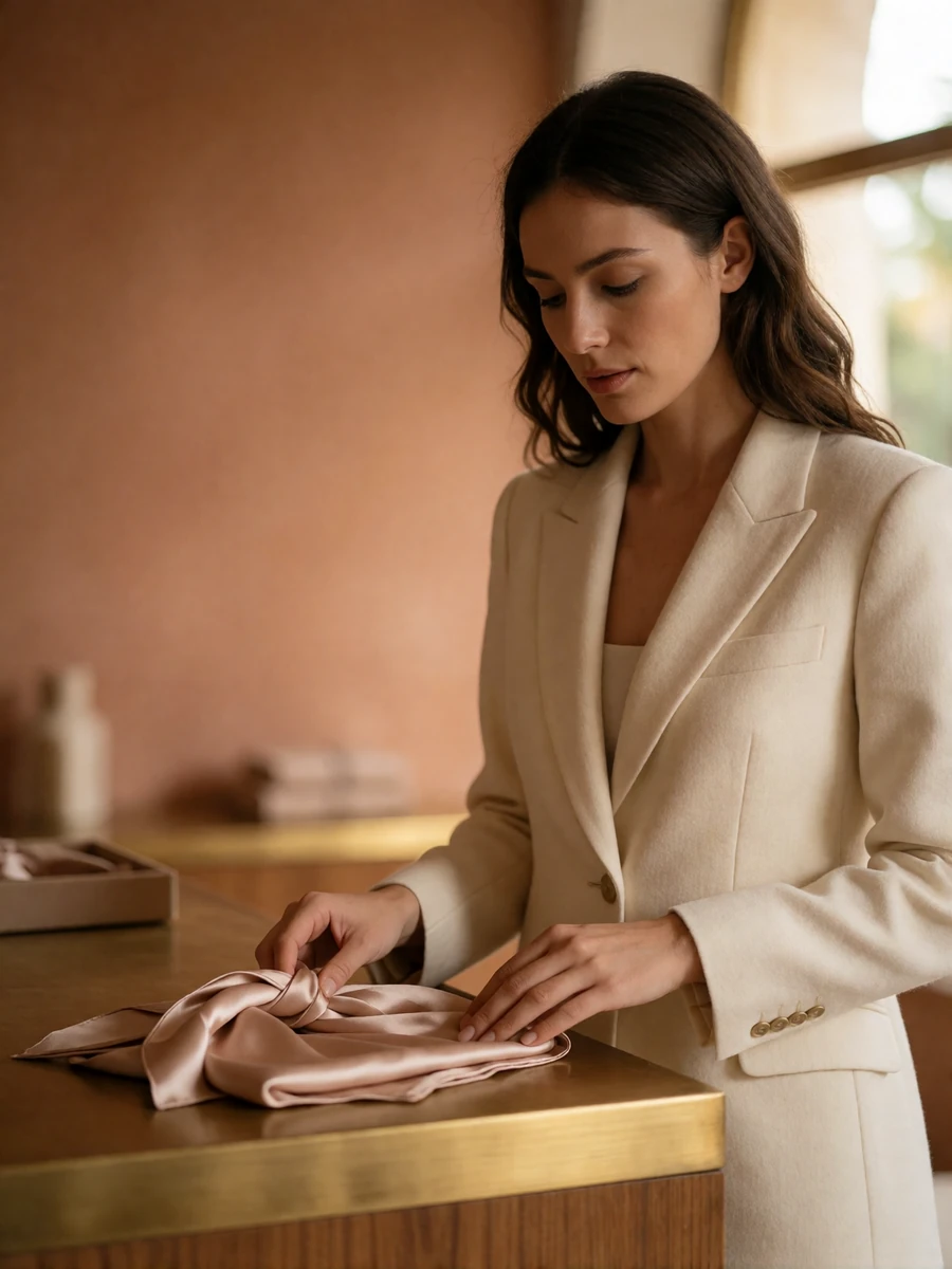 Woman in a cream blazer considering a silk scarf at a quiet boutique counter