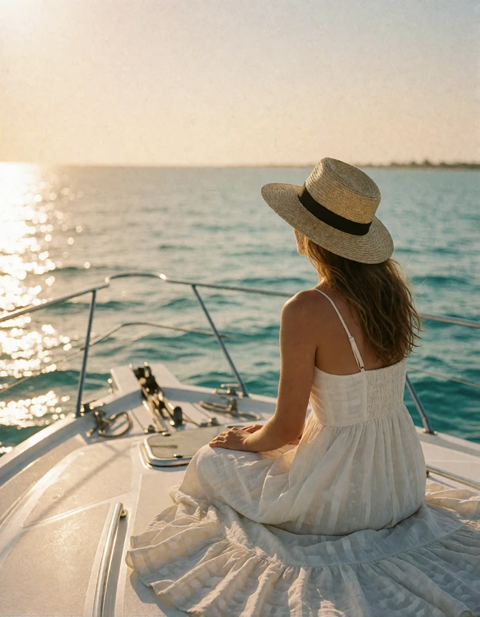 Woman in a white sundress and straw hat seated at the bow of a yacht above turquoise water