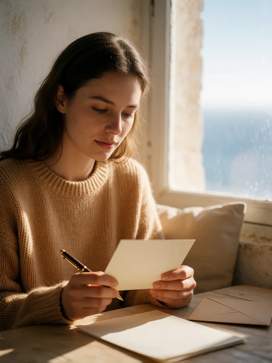 Woman in a camel knit writing a thank-you note by a sunlit window