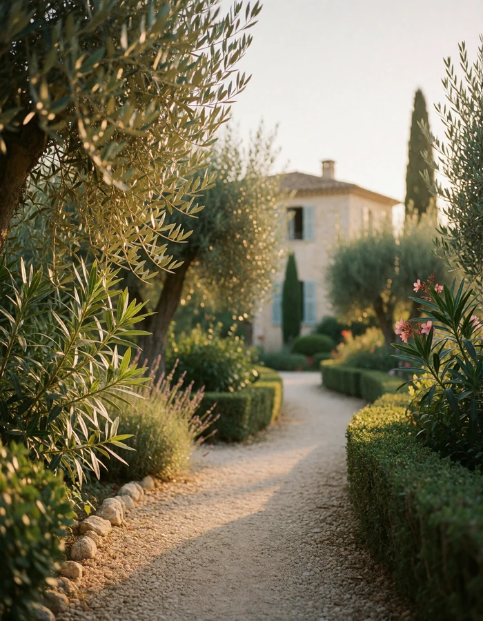 Gravel path winding through an olive and cypress garden toward a pale Mediterranean villa