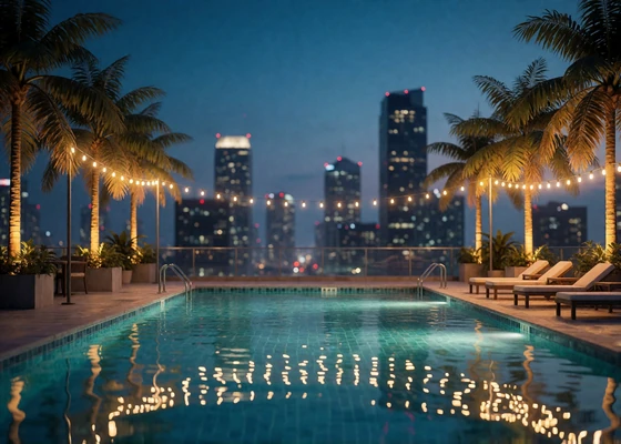 Rooftop pool edged with palms reflecting string lights against the Los Angeles skyline at dusk