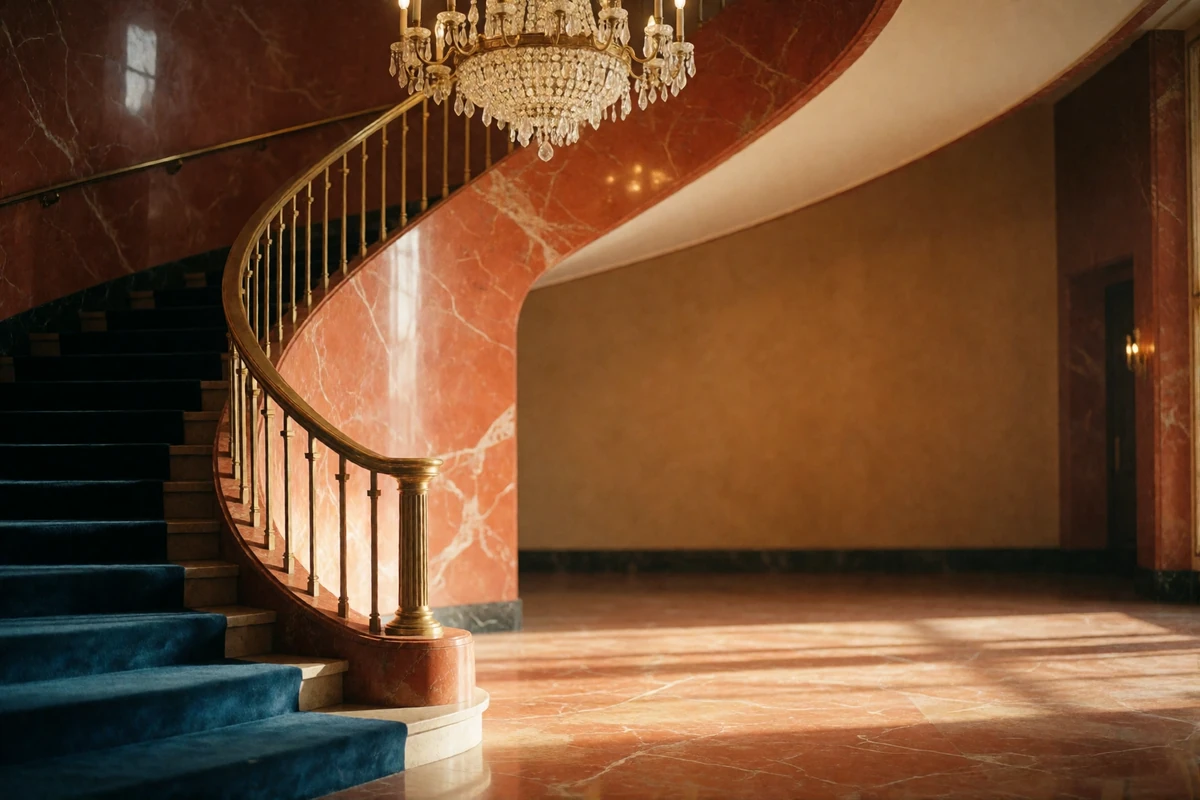 Grand theatre lobby with a curved marble staircase and chandelier glowing at evening in Houston