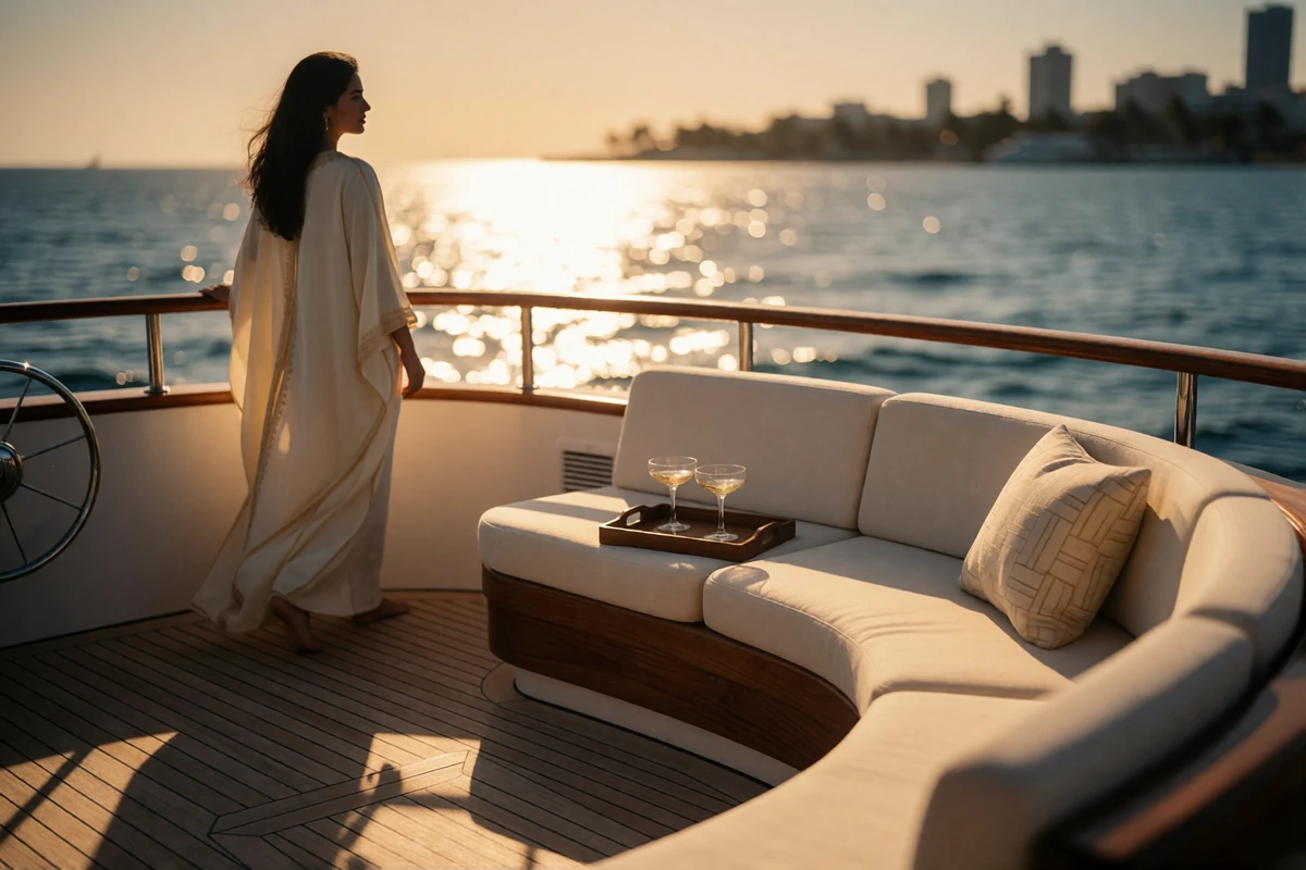 Woman in an ivory kaftan standing at the rail of a private yacht deck at sunset with the Miami skyline in the distance