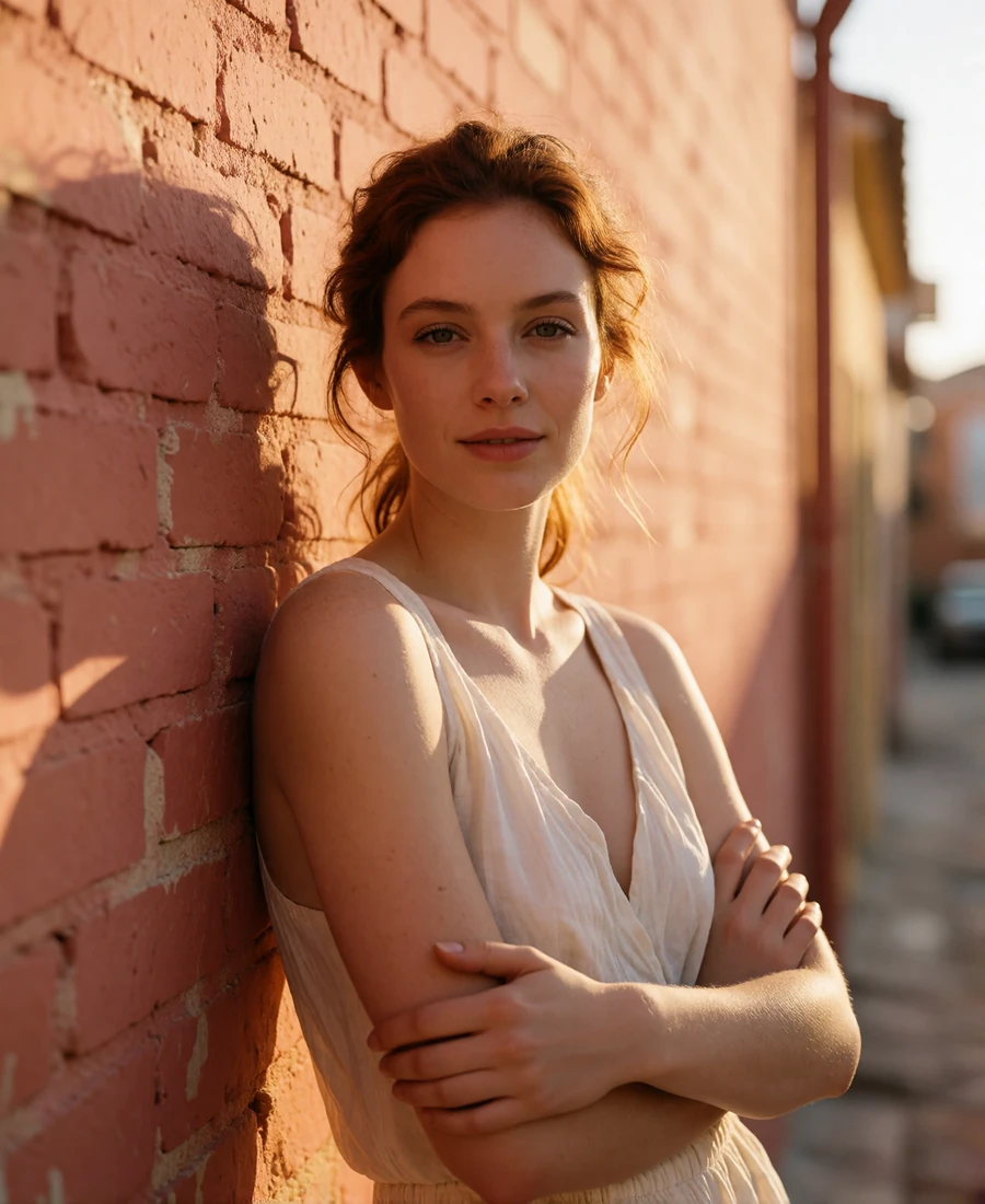 Woman with auburn hair leaning against a sunlit terracotta wall in Fountain Square