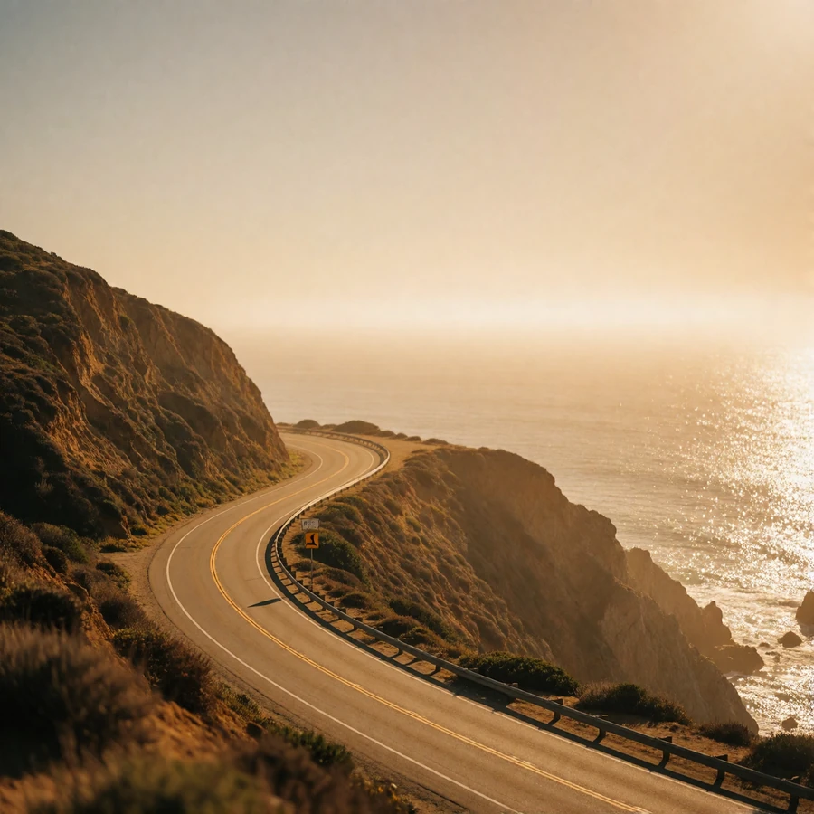 Winding Pacific coastal highway along sunlit cliffs above the ocean at golden hour