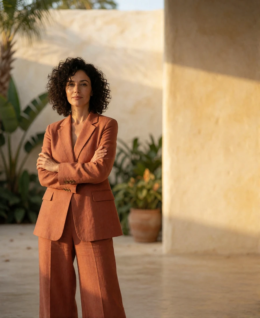 Woman in a terracotta wide-leg suit standing in a sunlit Wynwood gallery courtyard