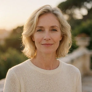 Smiling woman in her fifties with blonde hair wearing a cream knit top on a sunlit terrace