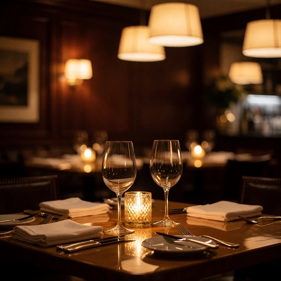 Candlelit table for two set with linen napkins and wine glasses in an upscale Dallas steakhouse