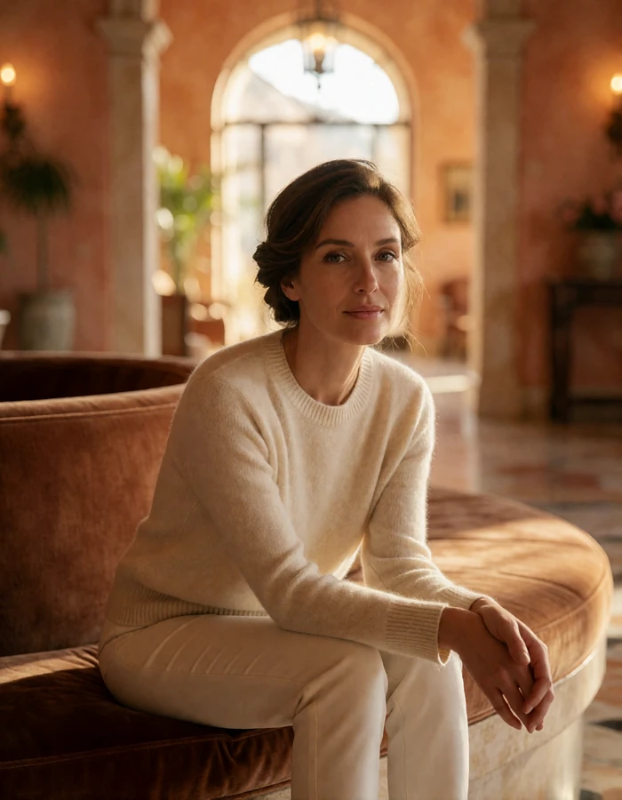 Woman in a cream cashmere sweater seated on a curved velvet bench in a hotel lobby