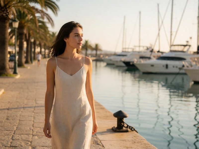 Woman in a pale linen dress walking along a sunlit harbour promenade lined with palms