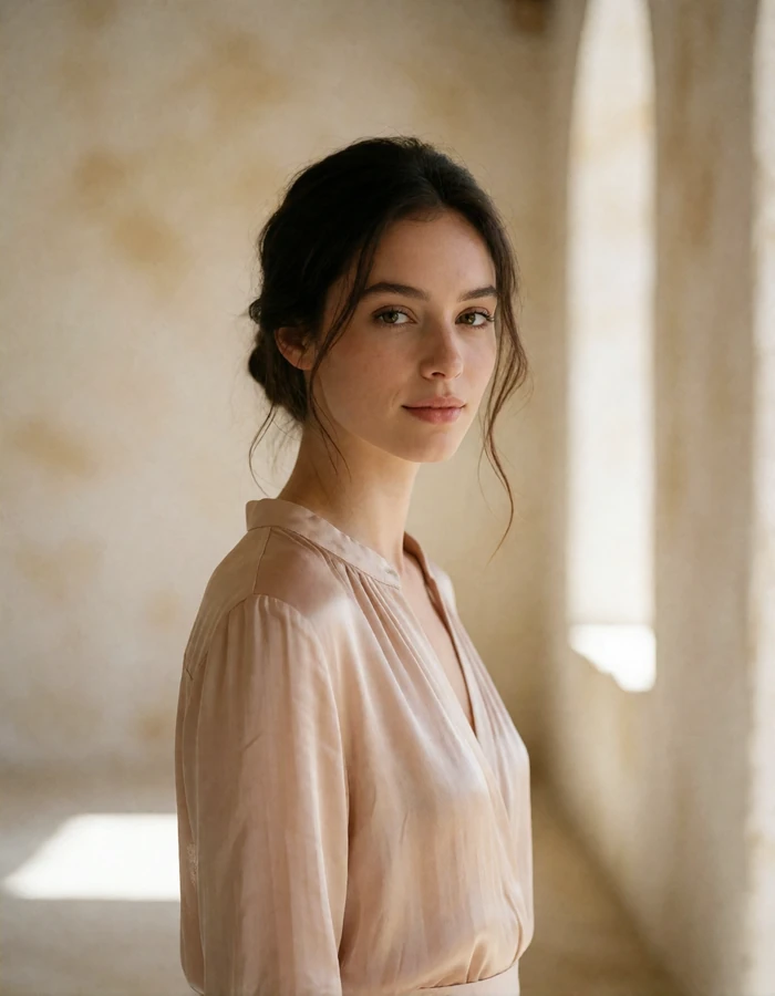 Woman in a blush silk blouse standing in a bright sunlit gallery interior