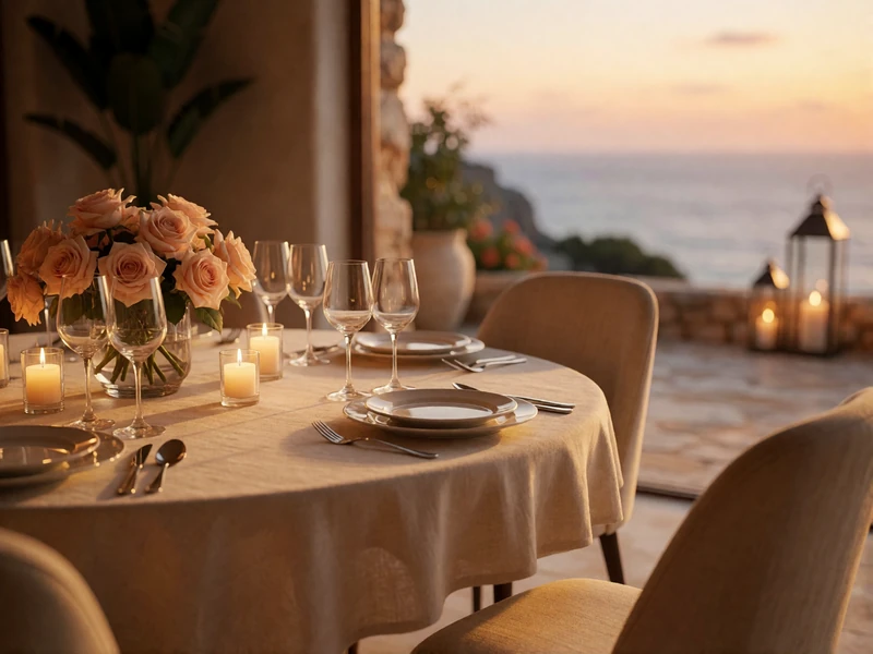 Round dining table set with linen, glassware and pale roses on a coastal terrace at dusk
