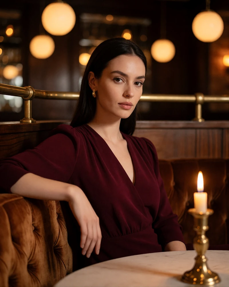 Woman in a burgundy evening dress at a candlelit restaurant banquette