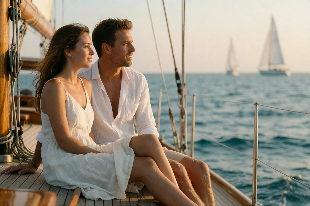 Couple sitting closely together on the deck of a sailing yacht at golden hour, looking out toward the sea