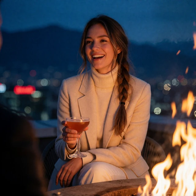 Woman in a cream turtleneck laughing beside a rooftop fire pit with Denver city lights in the background